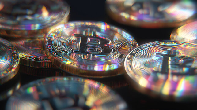 Bitcoin cryptocurrency coins displayed in an abstract colorful light representation