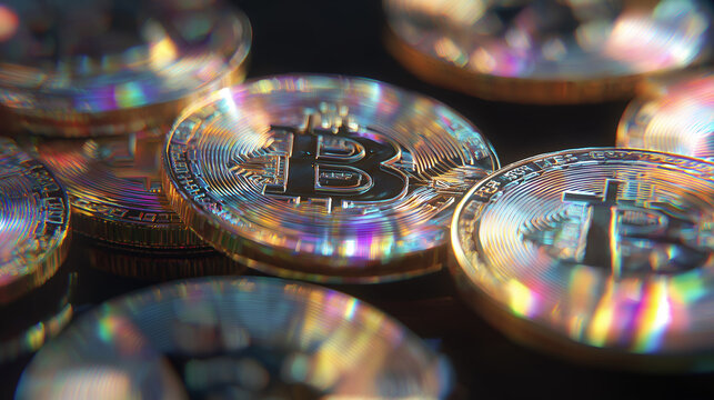 Cryptocurrency Bitcoin gold coins sparkling with rainbow light reflections macro view.