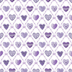 Valentine Day romantic mood seamless pattern. Hand drawn heart elements in lavender colors vintage style watercolor illustration. Perfect for romantic designs, holiday decor and gift wrapping paper