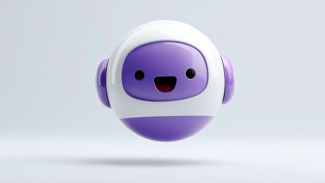 A cute robot friendly mascot purple sphere white shell smiling face minimal design 3d render floating character glossy surface soft light cute robot purple white glossy minimal 3d render cartoon mas