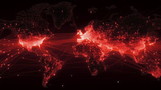 Global network connections with red glowing lines across the world map.