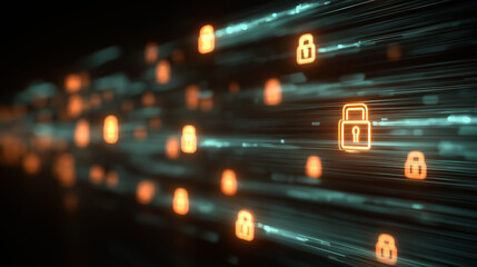 Digital security concept with padlocks over glowing data streams.
