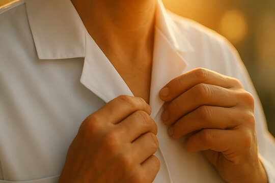 Close-up of a doctor adjusting their white coat collar in soft evening light, symbolizing readiness, professionalism, and confidence in the medical field. The warm tones convey calmness