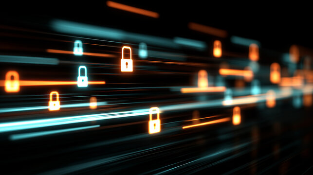 Cyber Security Concept with Glowing Padlock Icons on a Black Background.