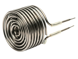 Coiled stainless steel tubular heating element for an appliance on a transparent background