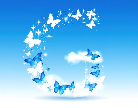 A letter "G" formed of butterflies and sparkles against a blue sky