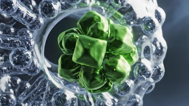 Talent development metaphor of a simple indigo orb (recruit) entering a program (ribosome) and exiting as a skilled emerald shape.