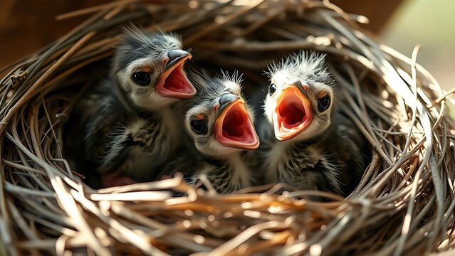  Newborn birds in nest with open beaks, soft morning light.