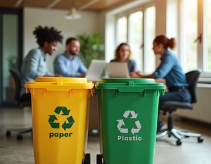 People collaborate in a modern office near paper and plastic recycling bins. Team works together at desk using laptop, promotes eco-friendly workplace habits. Sustainability focus.