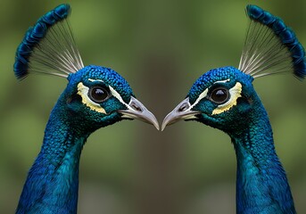Two vibrant blue peacocks facing each other with striking plumage.
