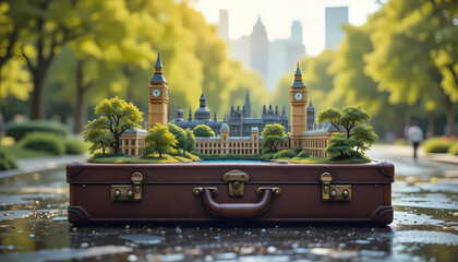 Miniature london cityscape on a suitcase in a park with big ben and the houses of parliament visible