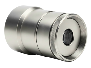 Silver metal telephoto camera lens with knurled focus ring on a transparent background