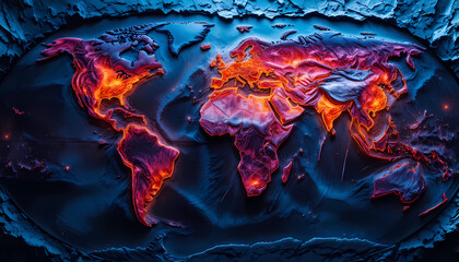 A textured world map with vibrant colors showing continents and oceans in a stylized design