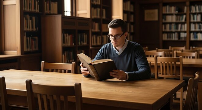 A man wearing glasses sits at a table in a library, reading a book.