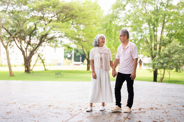 Romantic and elderly healthy lifestyle concept.Senior active asian couple holding hands looks happy in the park in the morning spring sunlight,happily retired with copy space.