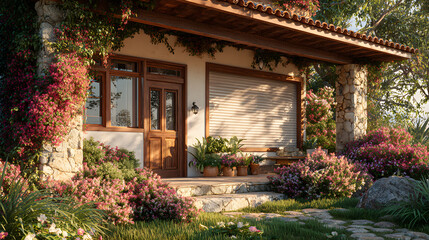 Fototapeta premium Fenêtres et volets roulants, maison avec terrasse et jardin