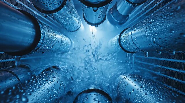 An intercooler, air channels glowing with condensation droplets as temperature shifts from red to icy blue