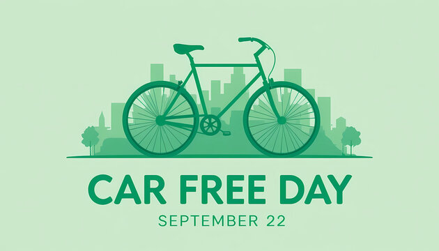 Car free day illustration with bicycle and city skyline in green tones for september twenty second