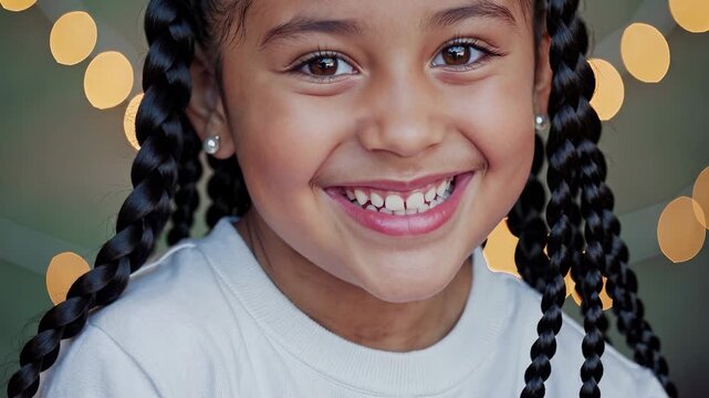 Happy young girl smiles brightly with bokeh background. Childhood joy radiates during festive season. Innocence and playfulness captured in vibrant atmosphere.