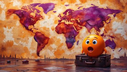 Orange character on suitcase with world map backdrop in travel themed digital illustration style