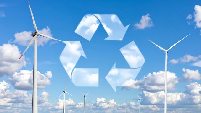 Wind Turbines and Recycling Symbol Against Blue Sky - Powered by Adobe