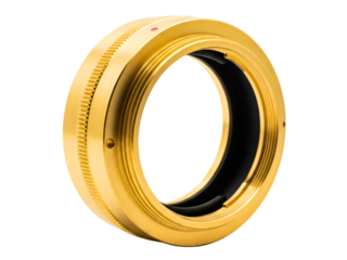 Golden brass camera lens mount adapter for photography equipment on a transparent background