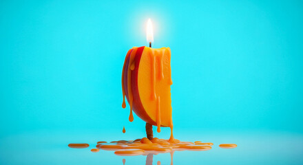 Mango slice melting like a candle, wax drips and warm tungsten glow