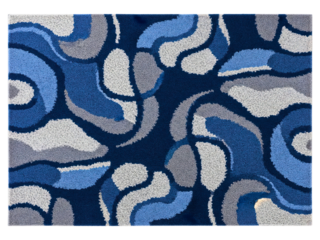 Area rug with a contemporary abstract swirl pattern in blue tones on a transparent background