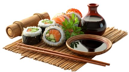 Sushi rolls and soy sauce on bamboo mat with chopsticks