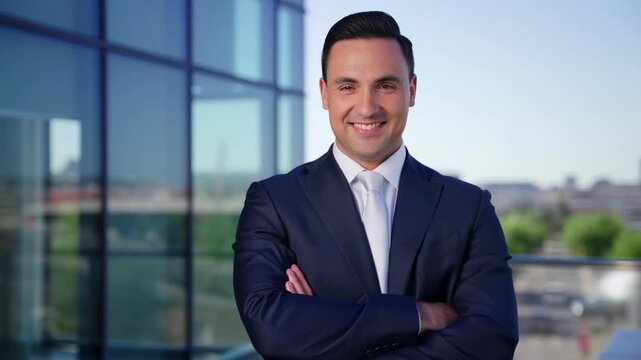 A confident businessman in a suit smiles brightly, with arms crossed against a backdrop of a modern building Stock Video