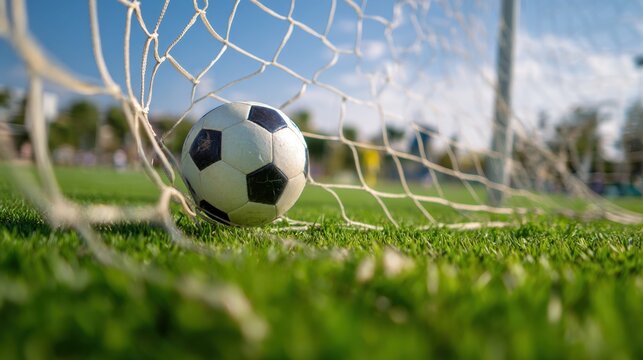 Soccer Ball in Goal Net on Grass Field Under Blue Sky