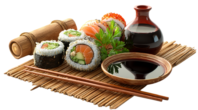 Sushi rolls and soy sauce on bamboo mat with chopsticks