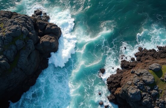 Aerial view of ocean waves crashing against rocky shoreline with rugged rocks. Turquoise water splashes against stones. Sea foam forms on rock edges. Coastal landscape with rough sea, rocky terrain.