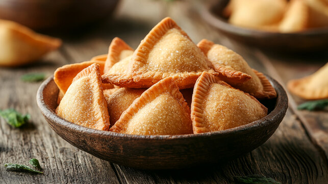 Golden brown empanadas sparkle with sugar in rustic bowl, promising sweet indulgence and comforting warmth - perfect for food blogs and dessert promotions