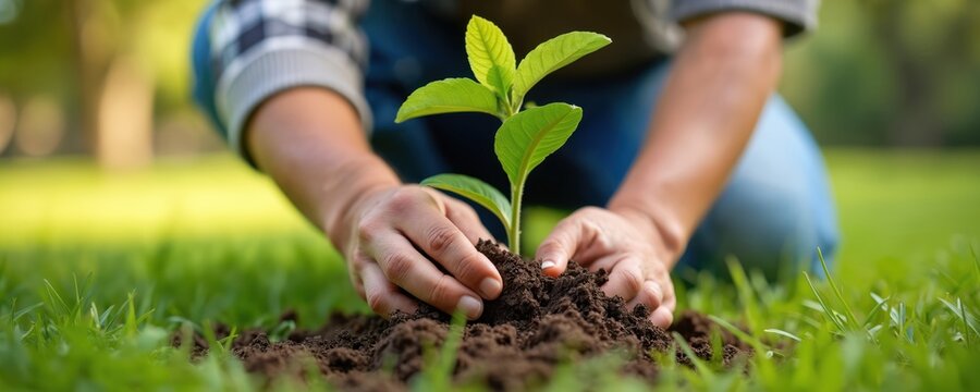Person planting small tree in green park. Hands carefully place plant seedling in soil. Care for nature concept. Eco friendly lifestyle. Environmental protection and sustainability theme.