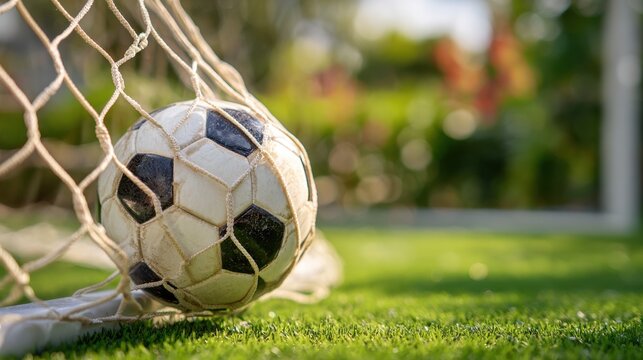 Soccer Ball in Goal Net on Grass Field During Daylight