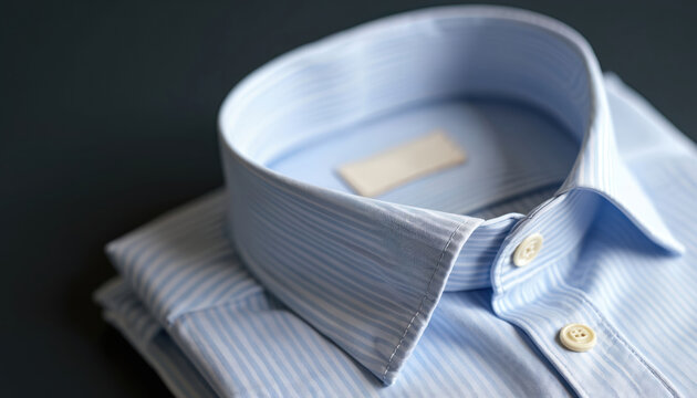 Neatly folded light blue striped dress shirt with white buttons. Classic menswear garment laid flat, ready for wear. Elegant textile detail for formal occasions or business attire.