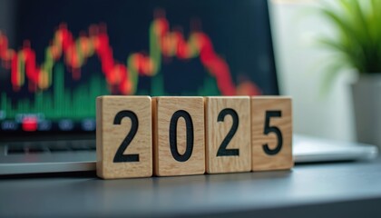 Wooden blocks display year 2025. Financial chart on laptop screen shows market data. Office desk with plant. Business forecast graphic visual.