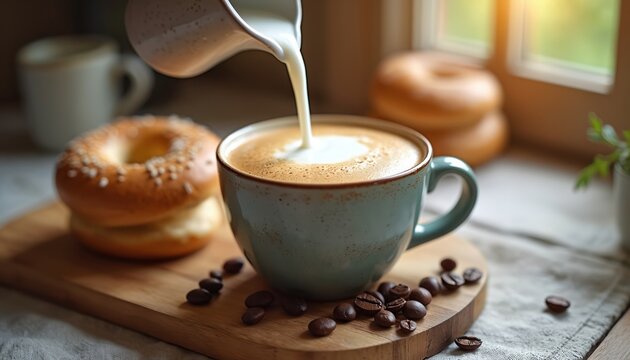 Milk pouring into a cup of coffee near bagels on wooden board. Roasted coffee beans lie around. Cozy morning scene. Fresh breakfast photo perfect for cafe menu.