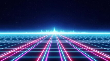 Neon Grid Horizon with Glowing Cityscape Under Starry Night Sky futuristic retro - Powered by Adobe