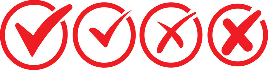 Check mark icon button set. Check box icon with right and wrong buttons and yes or no checkmark icons in green tick box and red cross. Isolated checkmark symbol