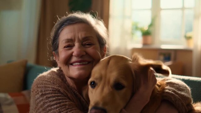 A heartwarming portrait of a senior woman embracing a golden retriever. A display of unconditional love and companionship, capturing a beautiful moment of connection. Stock Video