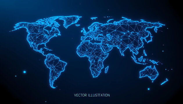 Digital world map illustration with glowing blue lines and dots on a dark blue background vector graphic