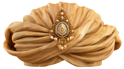 Golden turban with ornate jewel attachment