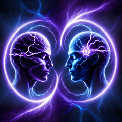Electric minds collide in this vibrant conceptual illustration of connection and telepathy with stunning neon glow and dynamic energy flow