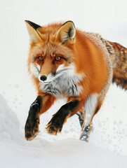 Obraz premium Painting of a Red Fox Leaping Through Snow in Fine Oil Texture