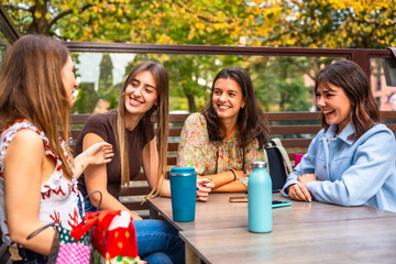 Group of cheerful young women friends laughing talking together