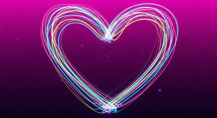 Neon Heart with Colorful Light Trails on Purple Background