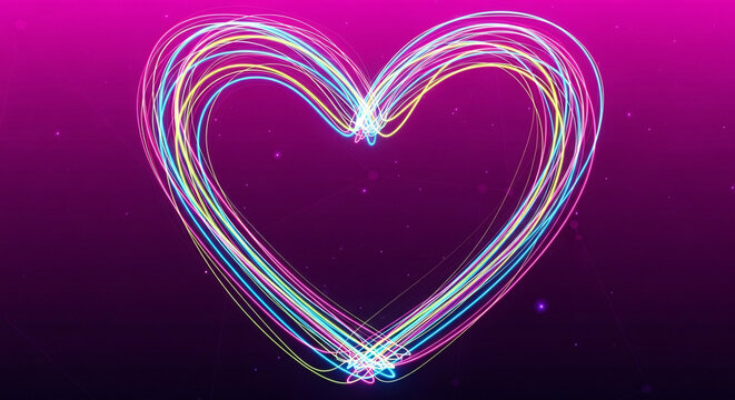 Neon Heart with Colorful Light Trails on Purple Background - Powered by Adobe