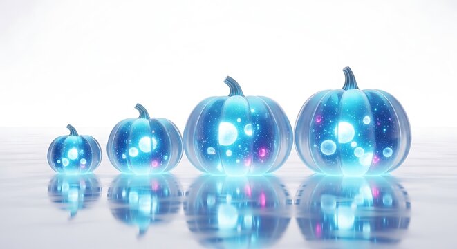 Four glowing blue pumpkins in increasing size with digital binary code - Powered by Adobe